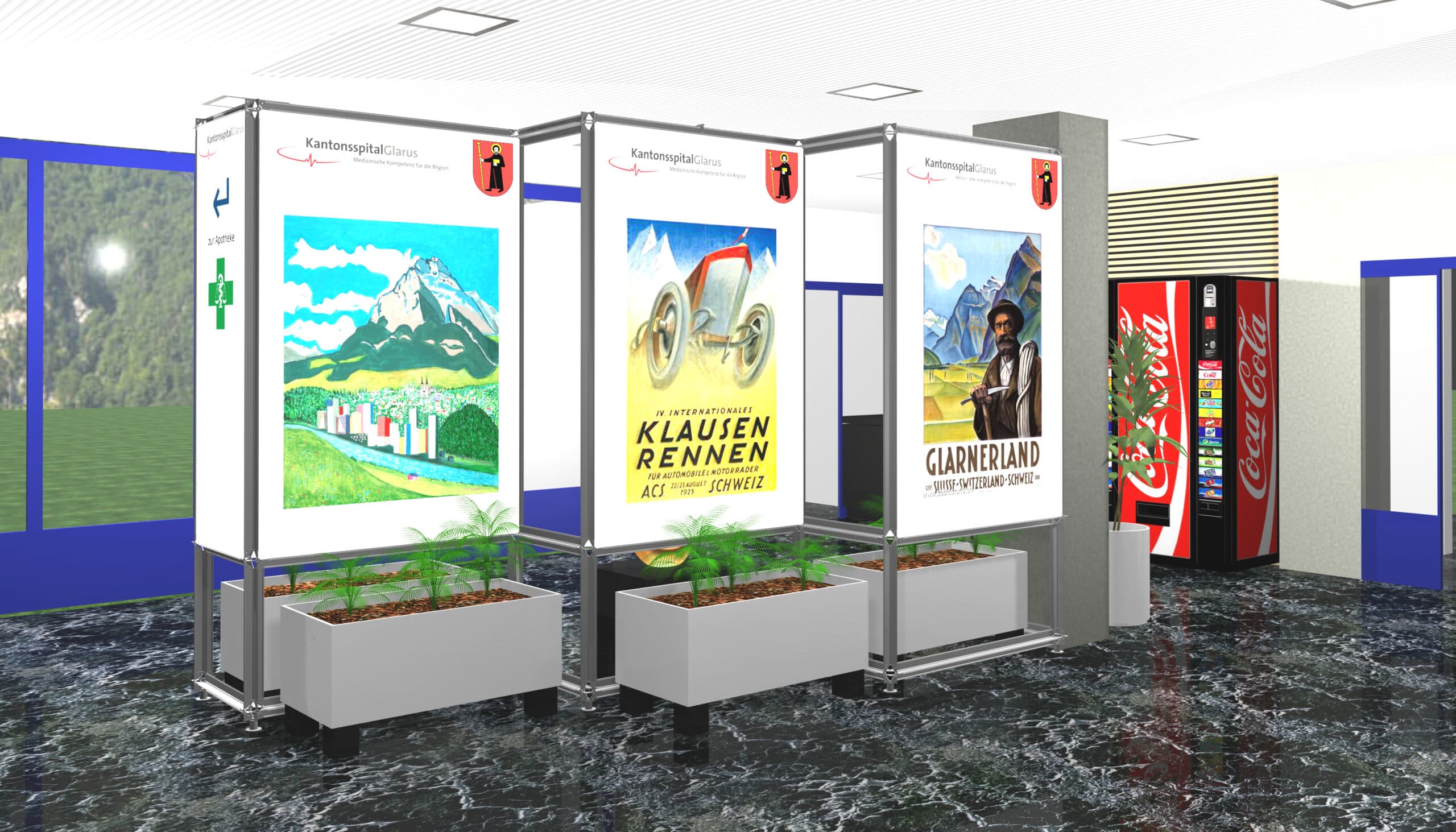 3D-Rendering einer Informationswand mit Plakaten in einem Spitaleingang